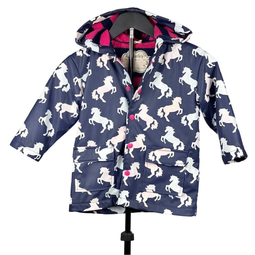 Hatley Kids' Color Changing "Playful Horses" Raincoat Size 3 Pink Navy Rain Coat